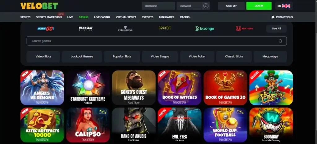 Velobet Casino games.