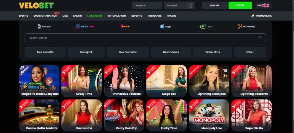 Velobet Casino live casino.