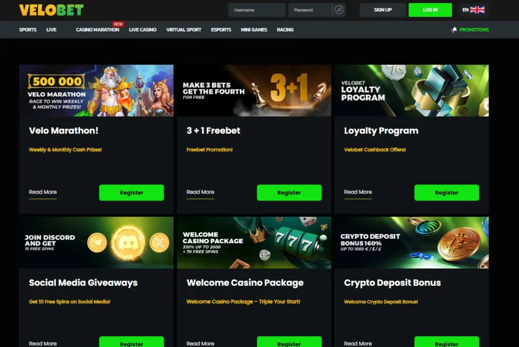 Velobet Casino promotions page.