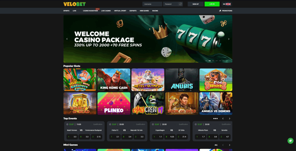 Velobet Casino main page.